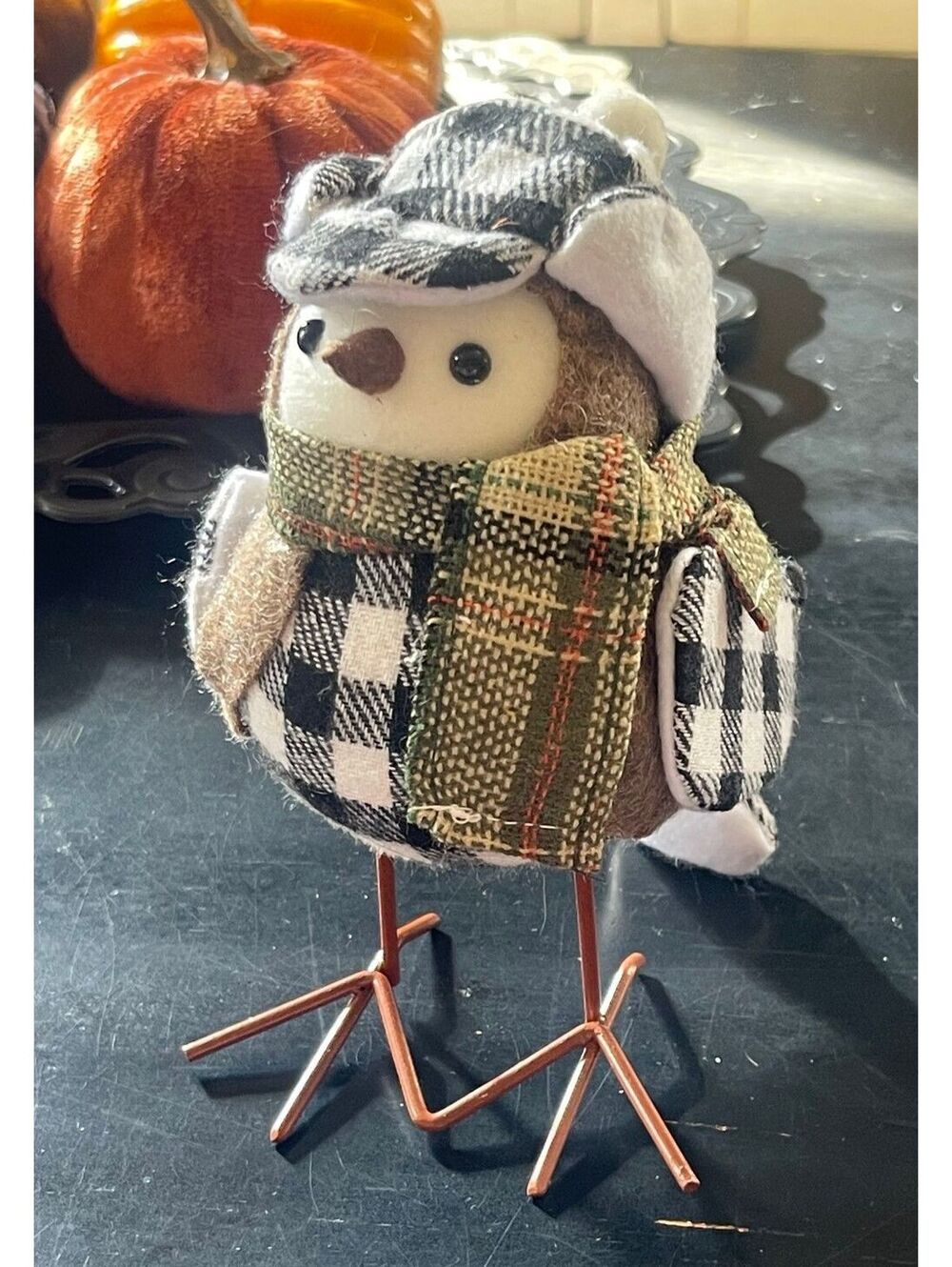 Decorative Fall Bird Figurine with Checkered Hat and Scarf
